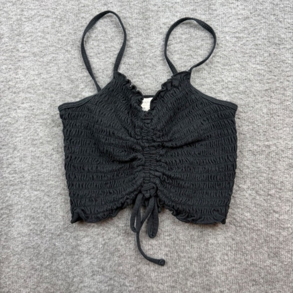 Aeropostale Cami Crop Top Women's XS Black Smocked Ruched Front Ruffle Trim